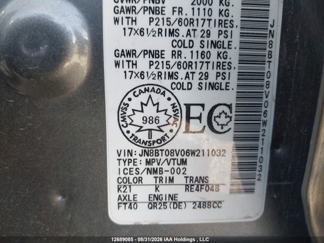 2006 Nissan X-trail Xe/se მანქანა იყიდება აუქციონზე, vin: JN8BT08V06W211032, აუქციონის ნომერი: 12689085