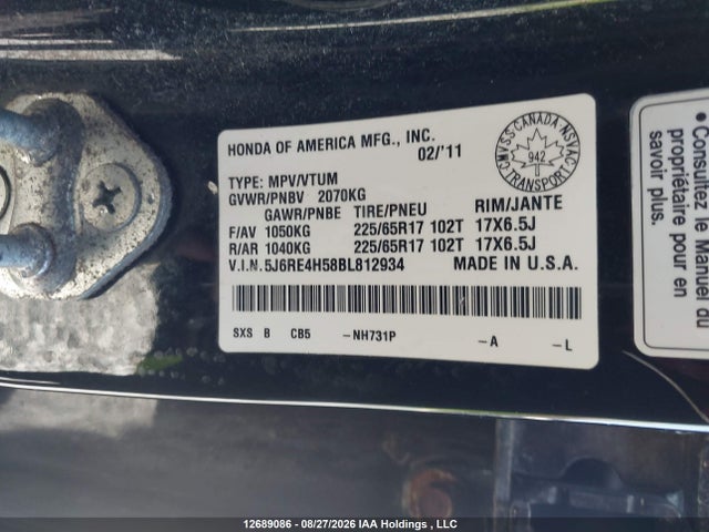 Aukcja sprzedaży 2011 Honda Cr-v, vin: 5J6RE4H58BL812934, numer aukcji: 12689086