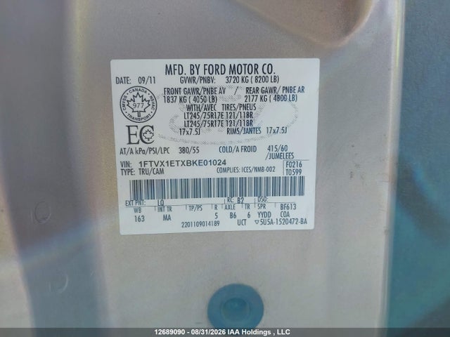 Продажа на аукционе авто 2011 Ford F-150, vin: 1FTVX1ETXBKE01024, номер лота: 12689090