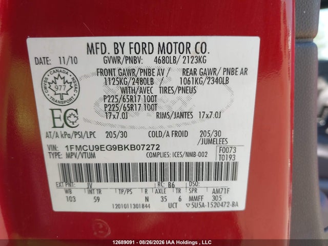 Продажа на аукционе авто 2011 Ford Escape Limited, vin: 1FMCU9EG9BKB07272, номер лота: 12689091