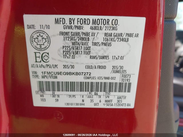 Продажа на аукционе авто 2011 Ford Escape Limited, vin: 1FMCU9EG9BKB07272, номер лота: 12689091