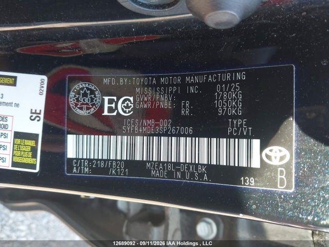 Продажа на аукционе авто 2025 Toyota Corolla Le, vin: 5YFB4MDE3SP267006, номер лота: 12689092
