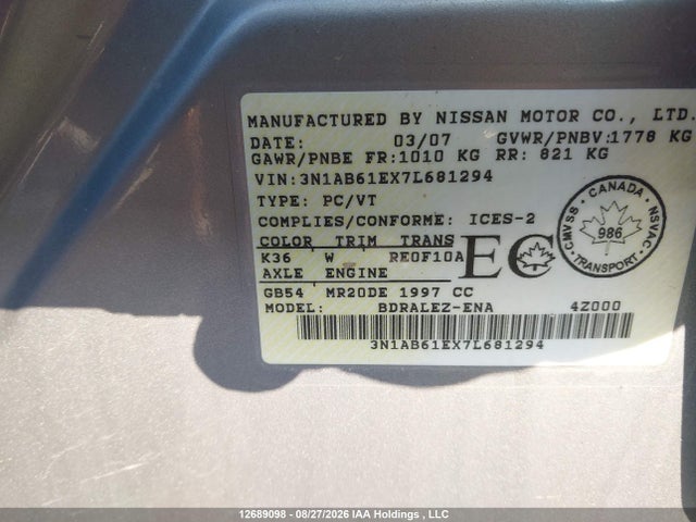 12689098 :رقم المزاد ، 3N1AB61EX7L681294 vin ، 2007 Nissan Sentra مزاد بيع