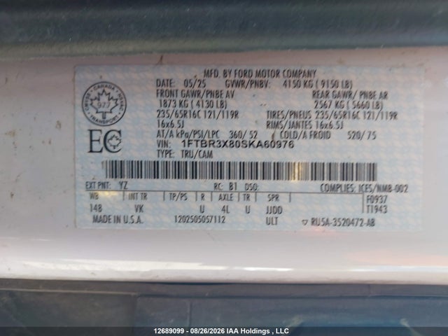 12689099 :رقم المزاد ، 1FTBR3X80SKA60976 vin ، 2025 Ford Transit T-250 مزاد بيع