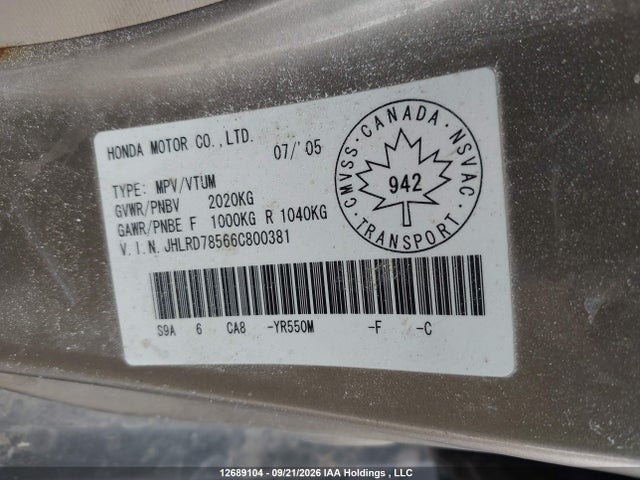 12689104 :رقم المزاد ، JHLRD78566C800381 vin ، 2006 Honda Cr-v Lx مزاد بيع