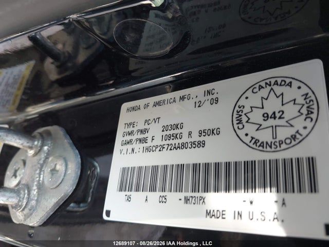Aukcja sprzedaży 2010 Honda Accord, vin: 1HGCP2F72AA803589, numer aukcji: 12689107