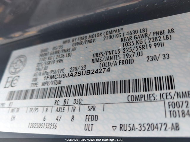 1FMCU9JA2SUB24274 Ford Escape Platinum