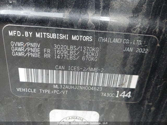 Продаж на аукціоні авто 2022 Mitsubishi Mirage, vin: ML32AUHJ2NH004623, номер лоту: 12689121