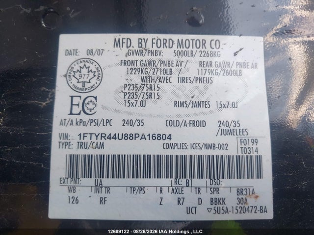 2008 Ford Ranger Super Cab მანქანა იყიდება აუქციონზე, vin: 1FTYR44U88PA16804, აუქციონის ნომერი: 12689122