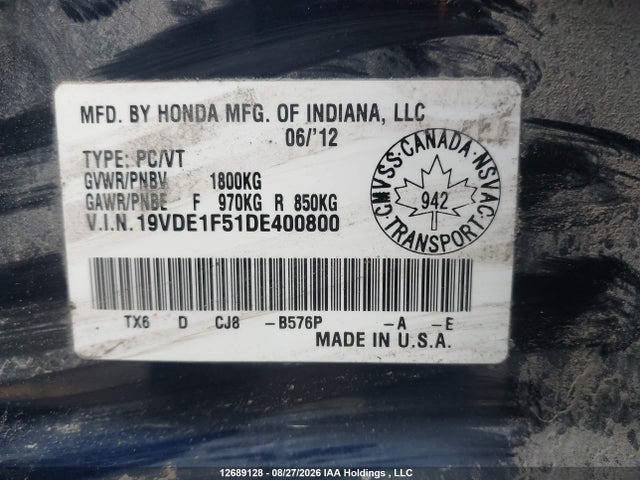 12689128 :رقم المزاد ، 19VDE1F51DE400800 vin ، 2013 Acura Ilx مزاد بيع