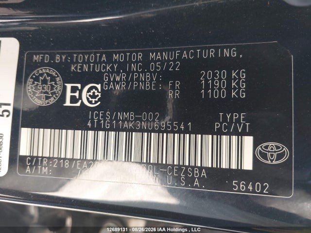4T1G11AK3NU695541 Toyota CAMRY SE