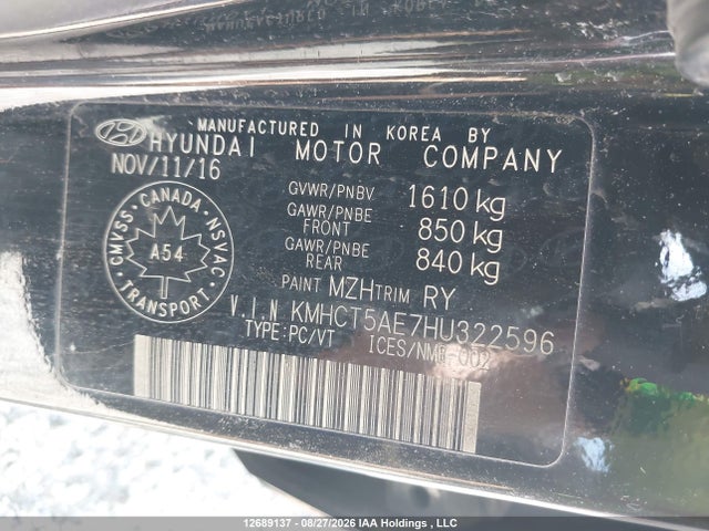 KMHCT5AE7HU322596 Hyundai ACCENT SE