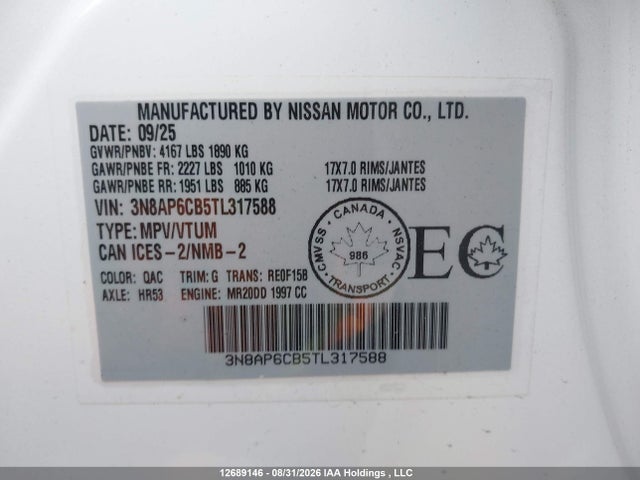 3N8AP6CB5TL317588 Nissan Kicks Sv Awd Cvt