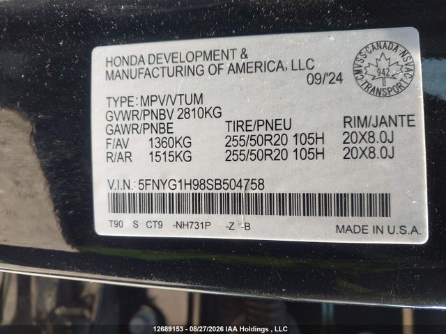 2025 Honda Pilot Black Edition მანქანა იყიდება აუქციონზე, vin: 5FNYG1H98SB504758, აუქციონის ნომერი: 12689153