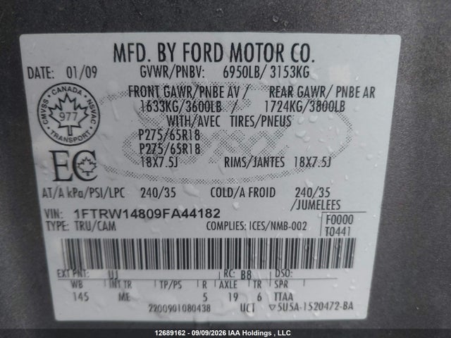 12689162 :رقم المزاد ، 1FTRW14809FA44182 vin ، 2009 Ford F150 Supercrew مزاد بيع