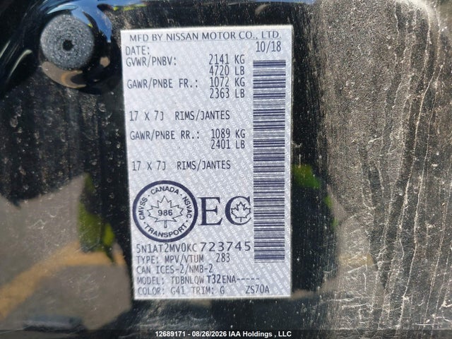 12689171 :رقم المزاد ، 5N1AT2MV0KC723745 vin ، 2019 Nissan Rogue S/sl/sv مزاد بيع
