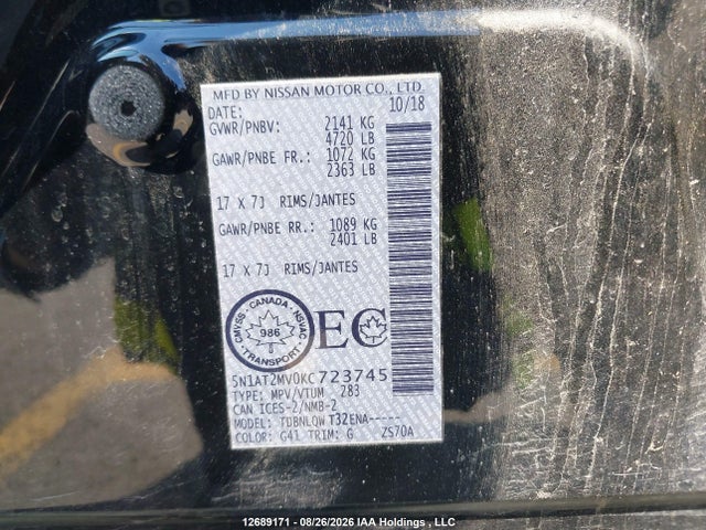 12689171 :رقم المزاد ، 5N1AT2MV0KC723745 vin ، 2019 Nissan Rogue S/sl/sv مزاد بيع