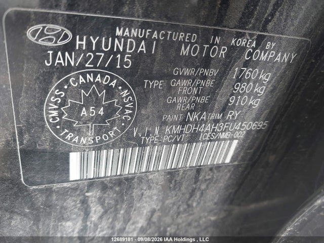 12689181 :رقم المزاد ، KMHDH4AH3FU450695 vin ، 2015 Hyundai Elantra Limited مزاد بيع