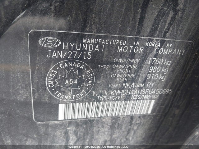 12689181 :رقم المزاد ، KMHDH4AH3FU450695 vin ، 2015 Hyundai Elantra Limited مزاد بيع