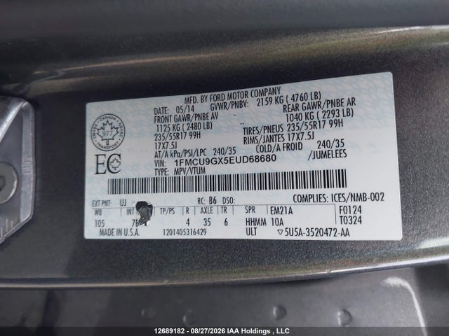 2014 Ford Escape Se მანქანა იყიდება აუქციონზე, vin: 1FMCU9GX5EUD68680, აუქციონის ნომერი: 12689182