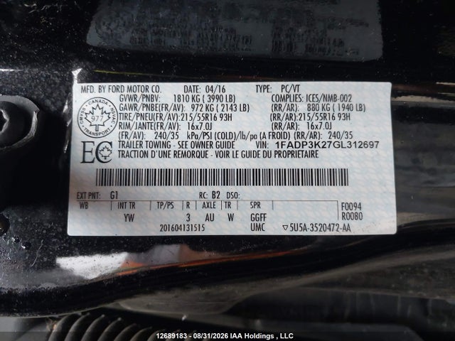 2016 Ford Focus მანქანა იყიდება აუქციონზე, vin: 1FADP3K27GL312697, აუქციონის ნომერი: 12689183