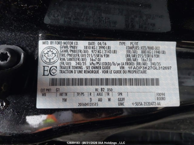 2016 Ford Focus მანქანა იყიდება აუქციონზე, vin: 1FADP3K27GL312697, აუქციონის ნომერი: 12689183