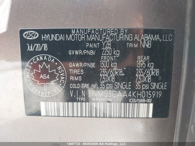 5NMS3CAA4KH015919 Hyundai Santa Fe Luxury