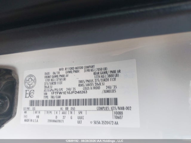 Продажа на аукционе авто 2018 Ford F-150 Lariat, vin: 1FTFW1E10JFD40263, номер лота: 12689192
