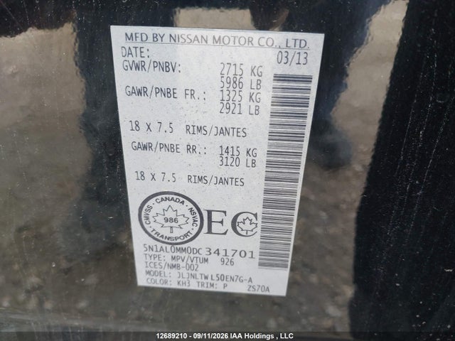 2013 Infiniti Jx35 მანქანა იყიდება აუქციონზე, vin: 5N1AL0MM0DC341701, აუქციონის ნომერი: 12689210
