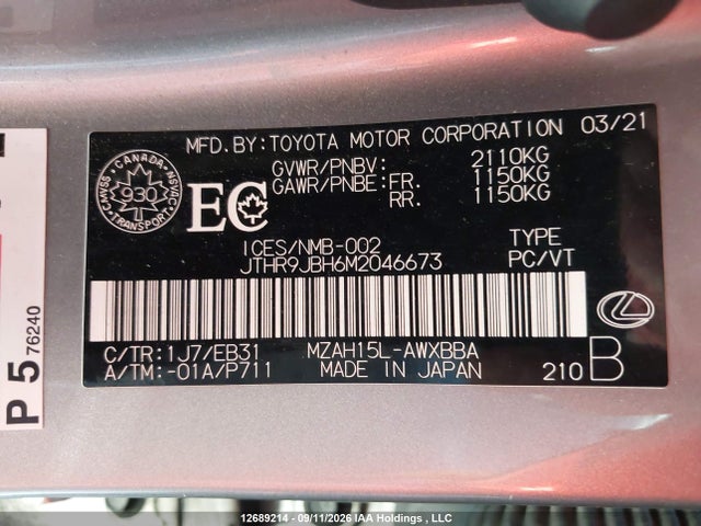 12689214 :رقم المزاد ، JTHR9JBH6M2046673 vin ، 2021 Lexus Ux 250h مزاد بيع
