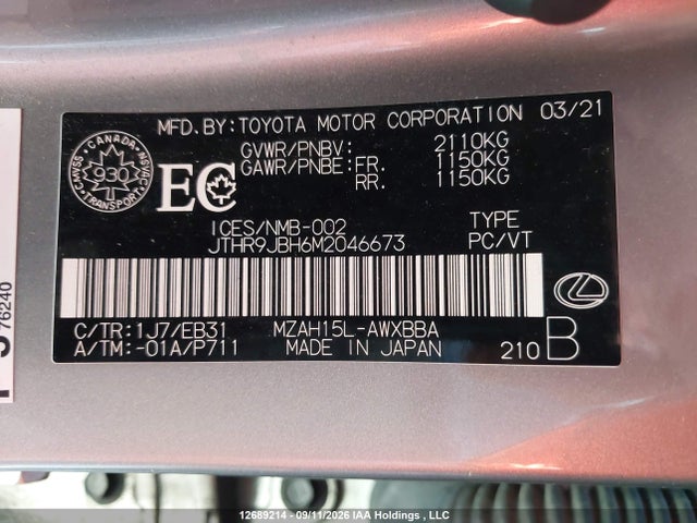 12689214 :رقم المزاد ، JTHR9JBH6M2046673 vin ، 2021 Lexus Ux 250h مزاد بيع