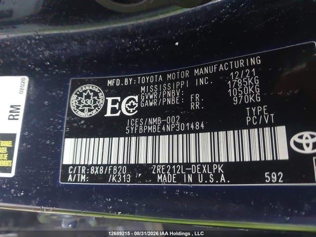 5YFBPMBE4NP301484 Toyota COROLLA LE