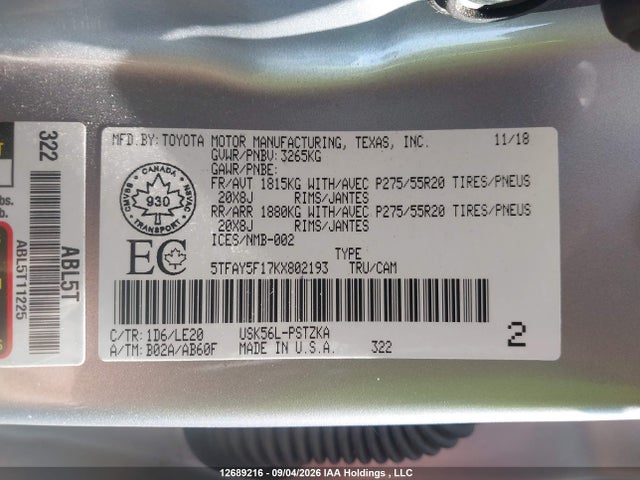 Aukcja sprzedaży 2019 Toyota Tundra, vin: 5TFAY5F17KX802193, numer aukcji: 12689216