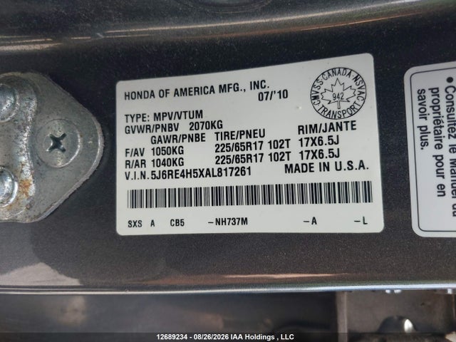 Продаж на аукціоні авто 2010 Honda Cr-v Ex, vin: 5J6RE4H5XAL817261, номер лоту: 12689234