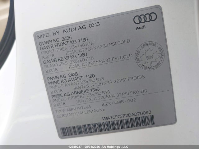 Auction sale of the 2013 Audi Q5 Premium, vin: WA1CFCFP2DA070093, lot number: 12689237
