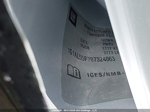 2008 Chevrolet Cobalt Lt მანქანა იყიდება აუქციონზე, vin: 1G1AL55F787324063, აუქციონის ნომერი: 12689246
