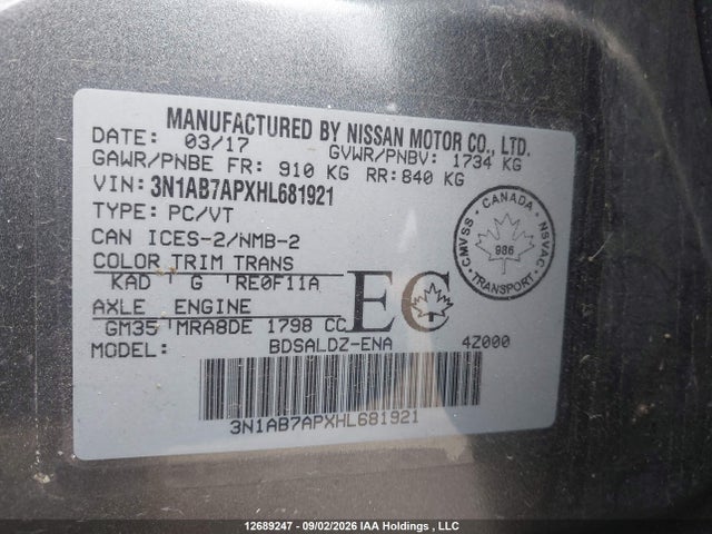 Продаж на аукціоні авто 2017 Nissan Sentra 1.8 S/1.8 Sl/1.8 Sv, vin: 3N1AB7APXHL681921, номер лоту: 12689247