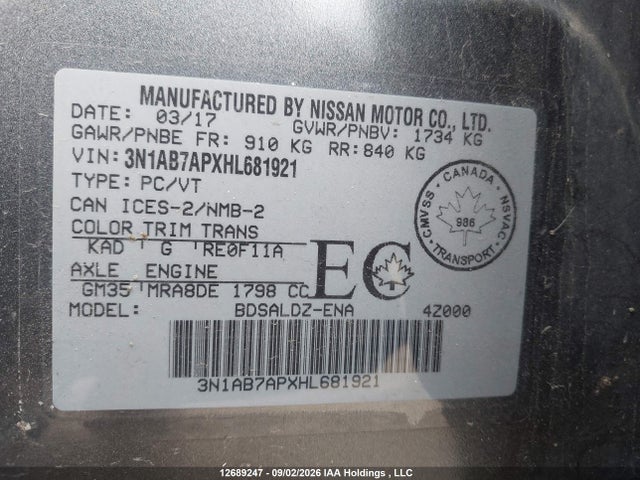 Продаж на аукціоні авто 2017 Nissan Sentra 1.8 S/1.8 Sl/1.8 Sv, vin: 3N1AB7APXHL681921, номер лоту: 12689247