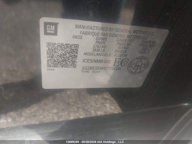 2018 Chevrolet Cruze Lt Auto მანქანა იყიდება აუქციონზე, vin: 1G1BE5SM4J7214191, აუქციონის ნომერი: 12689249