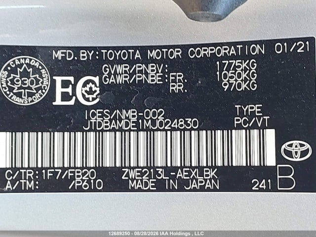 Продаж на аукціоні авто 2021 Toyota Corolla, vin: JTDBAMDE1MJ024830, номер лоту: 12689250