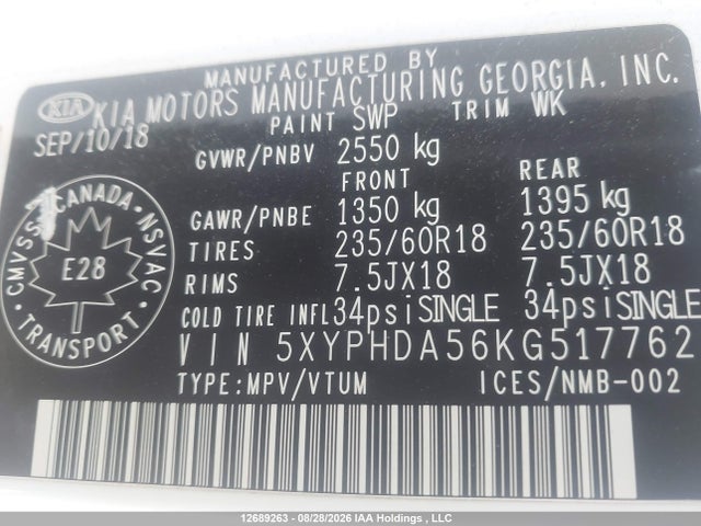12689263 :رقم المزاد ، 5XYPHDA56KG517762 vin ، 2019 Kia Sorento Ex/ex Sport مزاد بيع