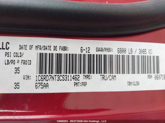 2012 Ram 1500 Laramie მანქანა იყიდება აუქციონზე, vin: 1C6RD7NT3CS311462, აუქციონის ნომერი: 12689283