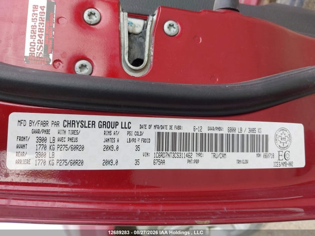 2012 Ram 1500 Laramie მანქანა იყიდება აუქციონზე, vin: 1C6RD7NT3CS311462, აუქციონის ნომერი: 12689283