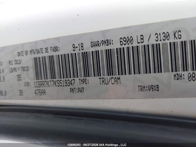 12689293 :رقم المزاد ، 1C6RR7KT7KS519347 vin ، 2019 Dodge Ram 1500 مزاد بيع
