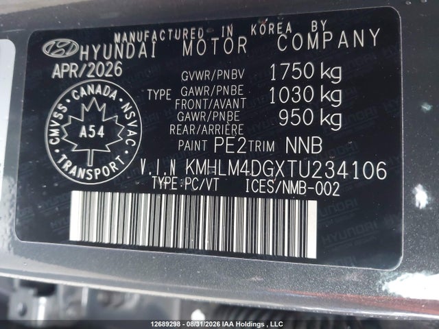 12689298 :رقم المزاد ، KMHLM4DGXTU234106 vin ، 2026 Hyundai Elantra Sel Sport مزاد بيع