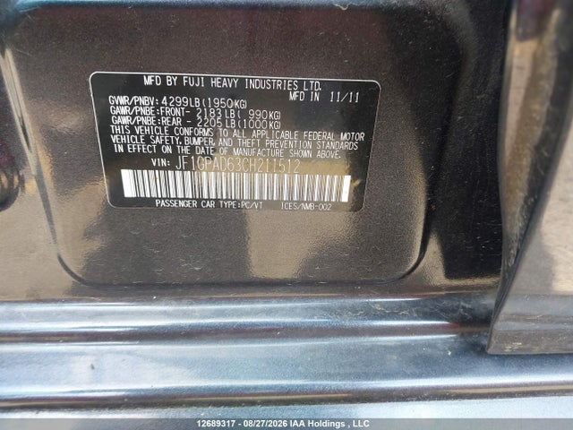 Aukcja sprzedaży 2012 Subaru Impreza, vin: JF1GPAD63CH211512, numer aukcji: 12689317