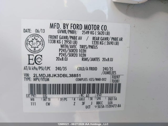12689321 :رقم المزاد ، 2LMDJ8JK3DBL38851 vin ، 2013 Lincoln Mkx مزاد بيع
