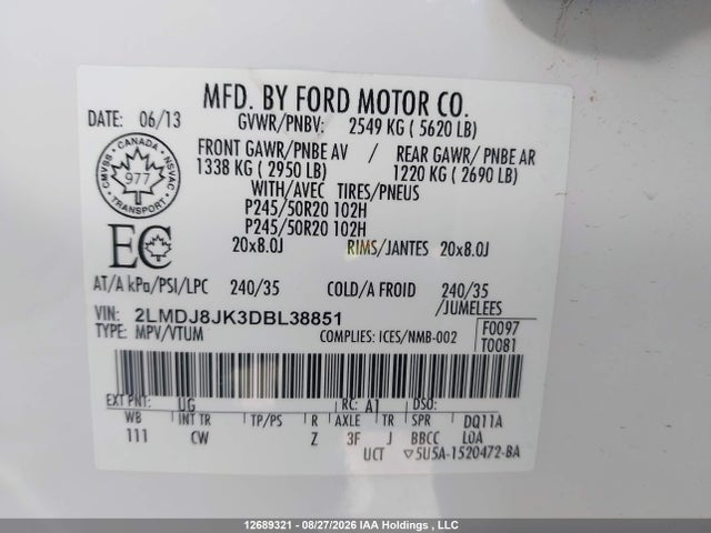 12689321 :رقم المزاد ، 2LMDJ8JK3DBL38851 vin ، 2013 Lincoln Mkx مزاد بيع