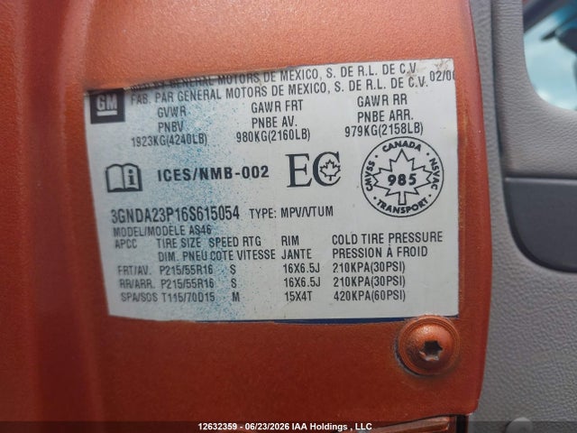 2006 Chevrolet Hhr Lt მანქანა იყიდება აუქციონზე, vin: 3GNDA23P16S615054, აუქციონის ნომერი: 12632359