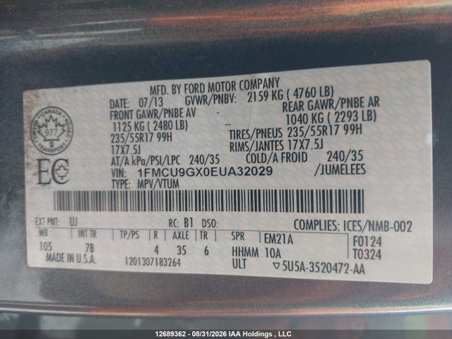 Продаж на аукціоні авто 2014 Ford Escape Se, vin: 1FMCU9GX0EUA32029, номер лоту: 12689362
